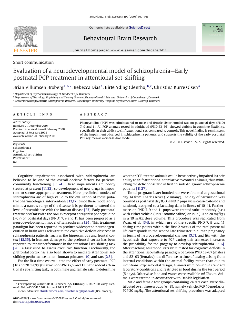 Evaluation of a neurodevelopmental model of schizophrenia—Early postnatal PCP treatment in attentional set-shifting