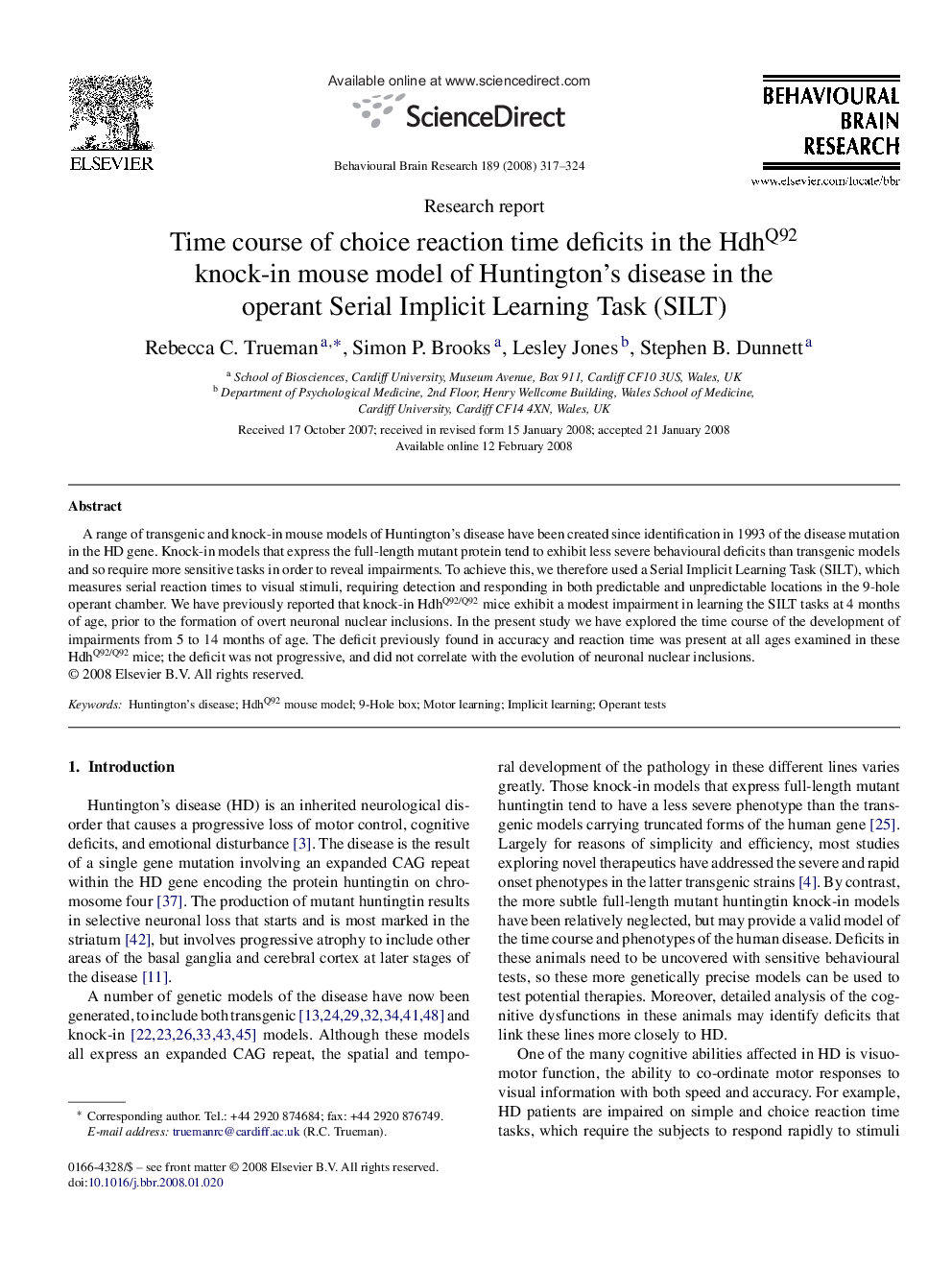 Time course of choice reaction time deficits in the HdhQ92 knock-in mouse model of Huntington's disease in the operant Serial Implicit Learning Task (SILT)