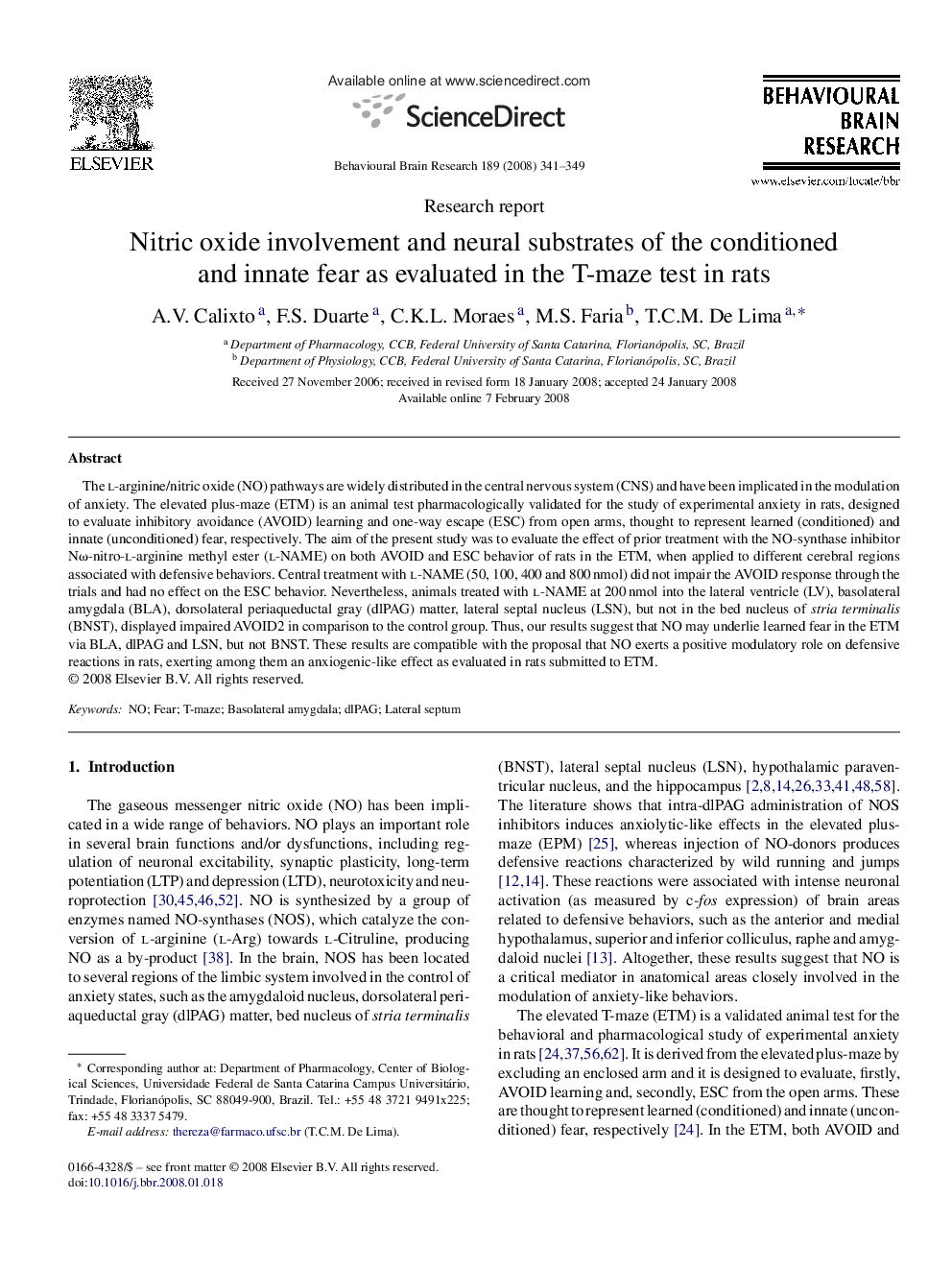 Nitric oxide involvement and neural substrates of the conditioned and innate fear as evaluated in the T-maze test in rats