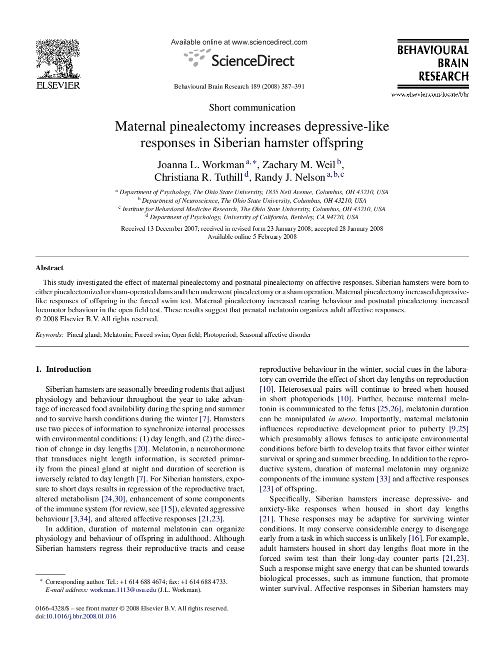 Maternal pinealectomy increases depressive-like responses in Siberian hamster offspring