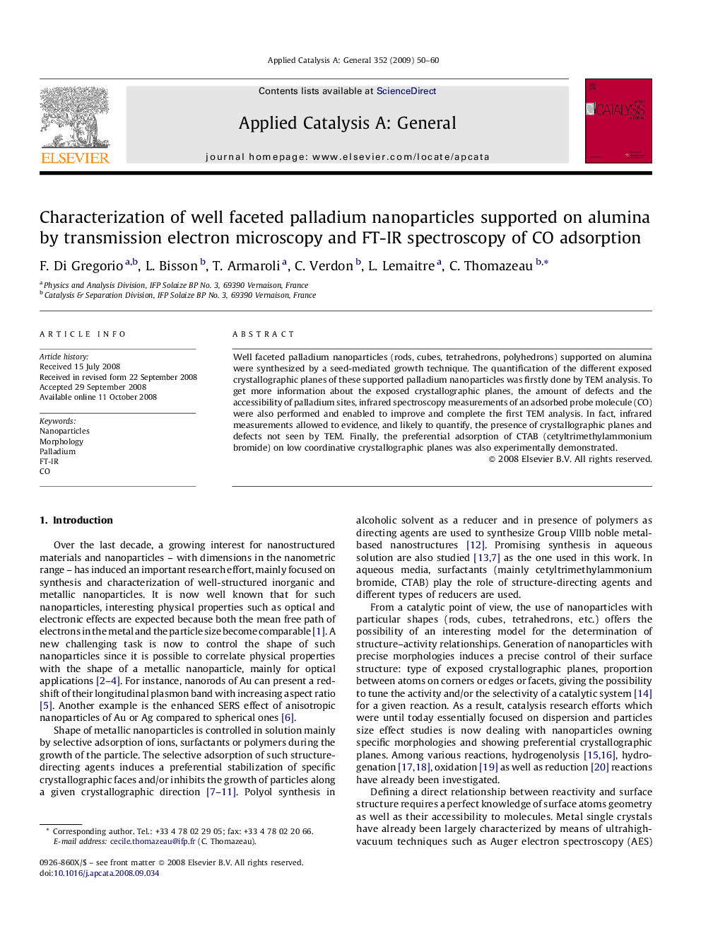 Characterization of well faceted palladium nanoparticles supported on alumina by transmission electron microscopy and FT-IR spectroscopy of CO adsorption