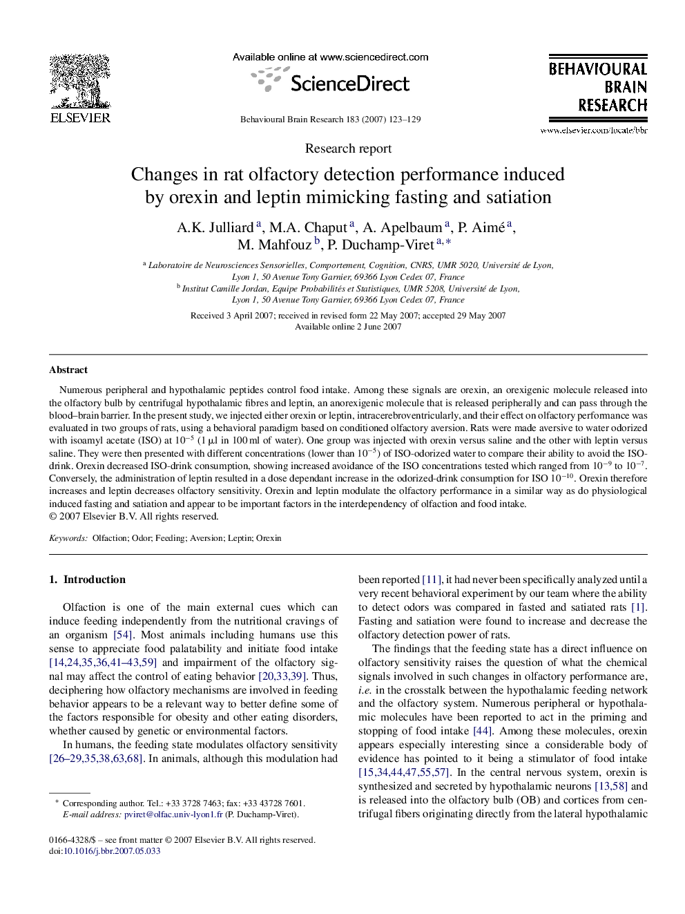 Changes in rat olfactory detection performance induced by orexin and leptin mimicking fasting and satiation