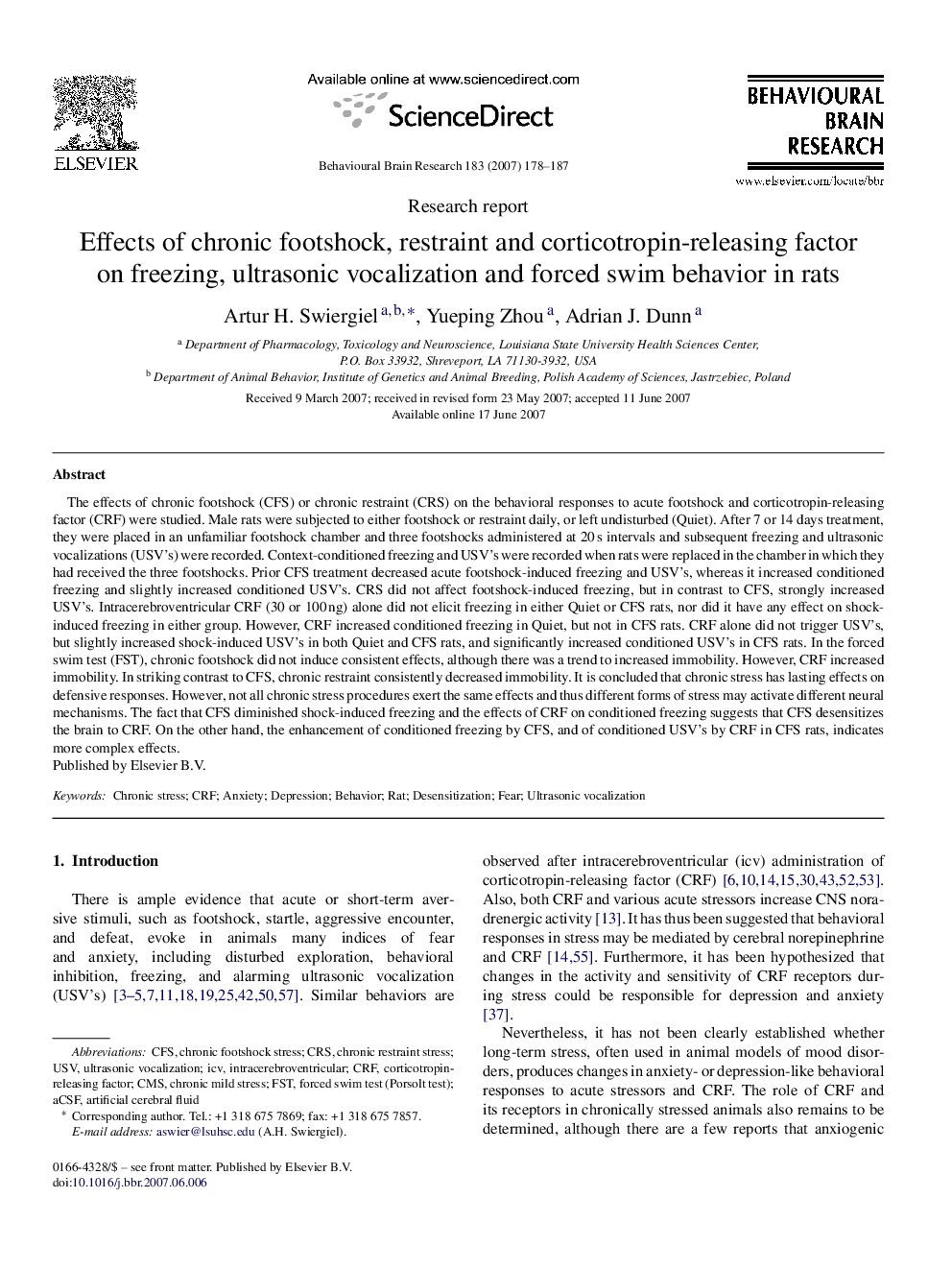 Effects of chronic footshock, restraint and corticotropin-releasing factor on freezing, ultrasonic vocalization and forced swim behavior in rats