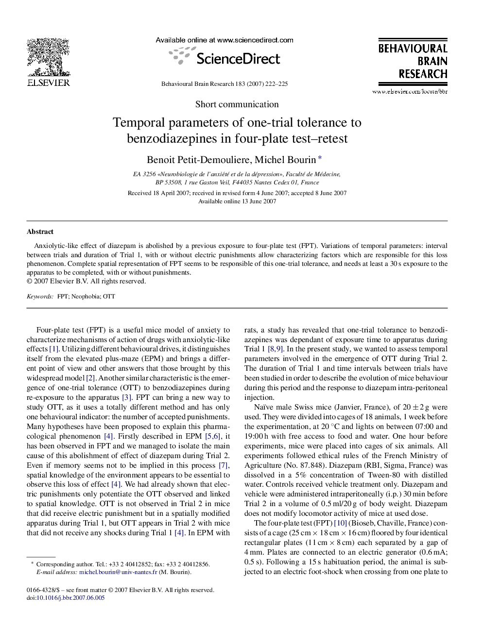 Temporal parameters of one-trial tolerance to benzodiazepines in four-plate test–retest