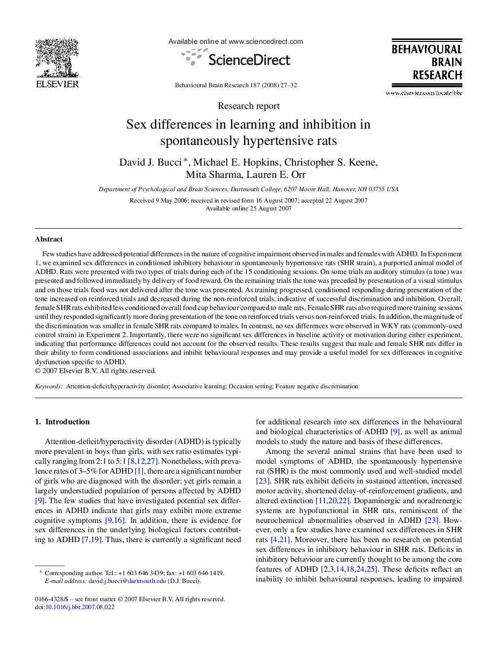 Sex differences in learning and inhibition in spontaneously hypertensive rats