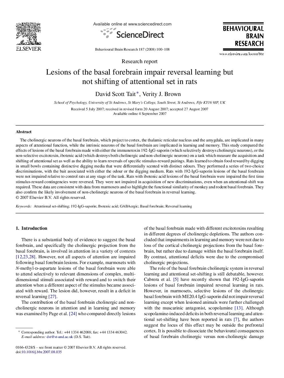 Lesions of the basal forebrain impair reversal learning but not shifting of attentional set in rats