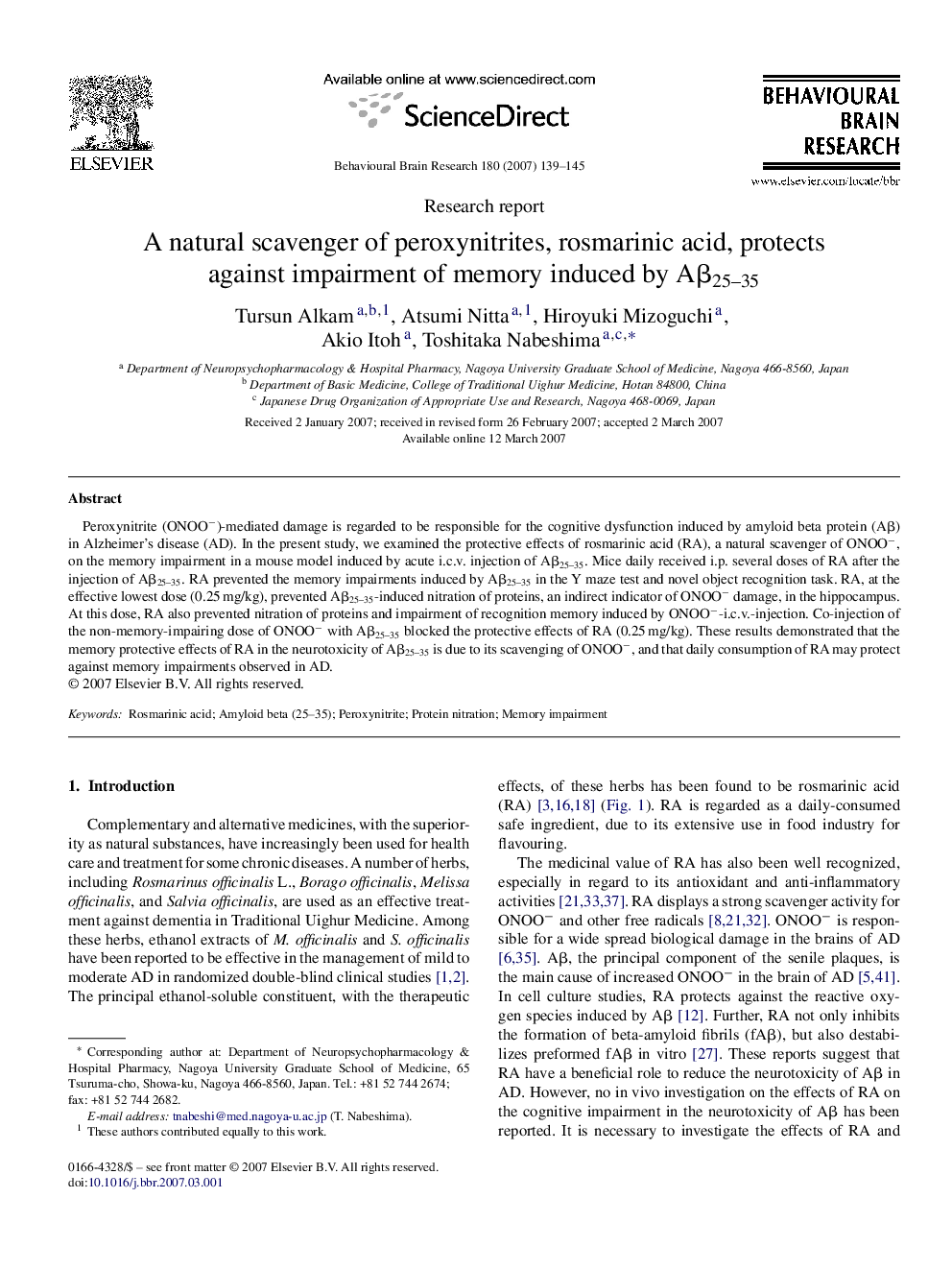 A natural scavenger of peroxynitrites, rosmarinic acid, protects against impairment of memory induced by Aβ25–35