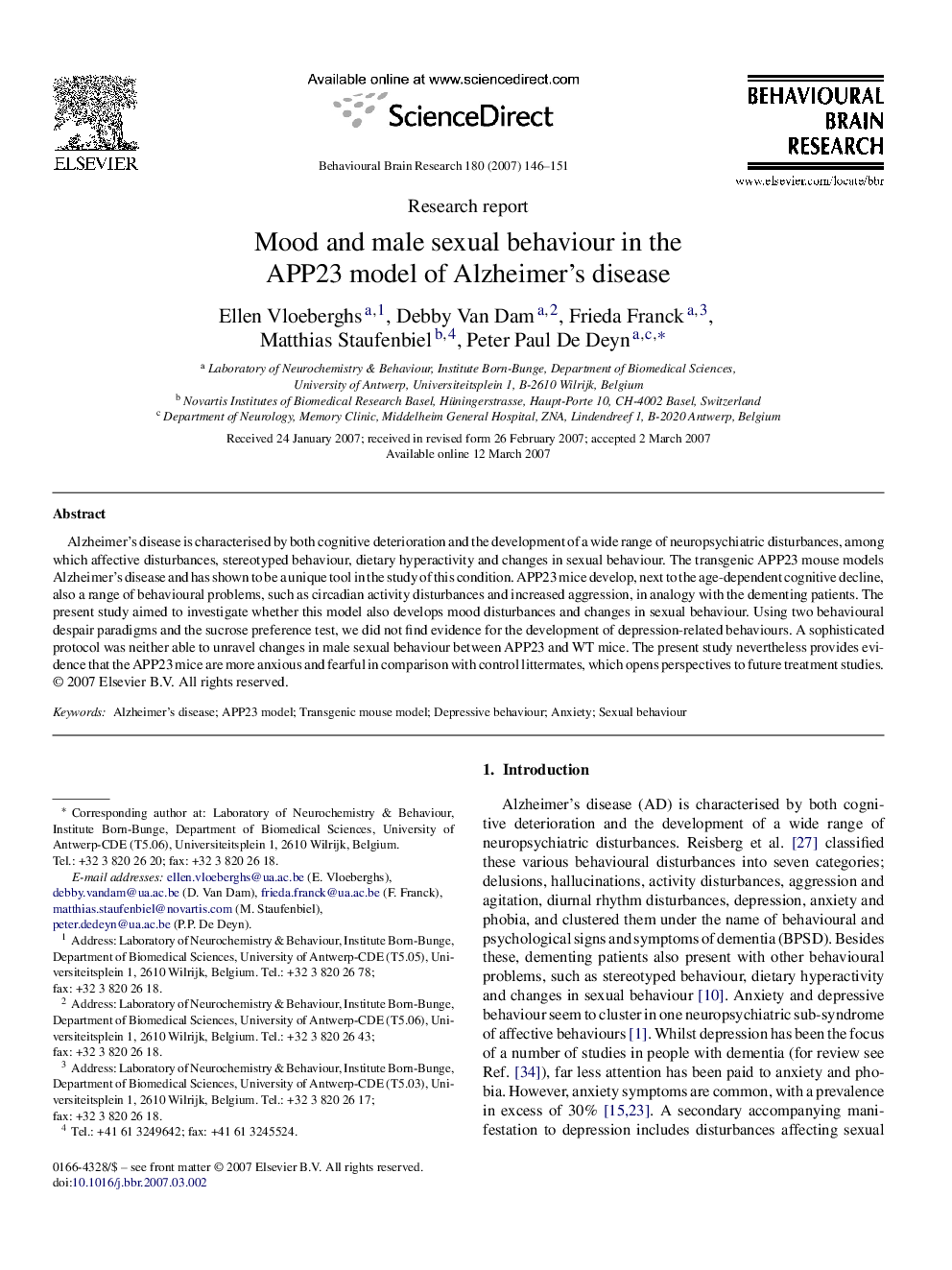 Mood and male sexual behaviour in the APP23 model of Alzheimer's disease