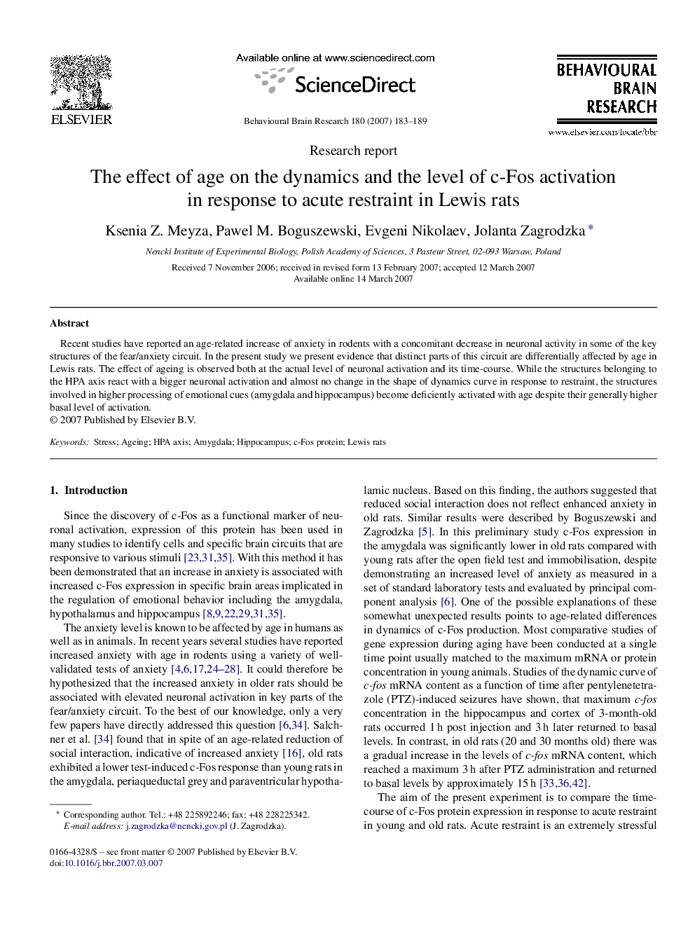 The effect of age on the dynamics and the level of c-Fos activation in response to acute restraint in Lewis rats