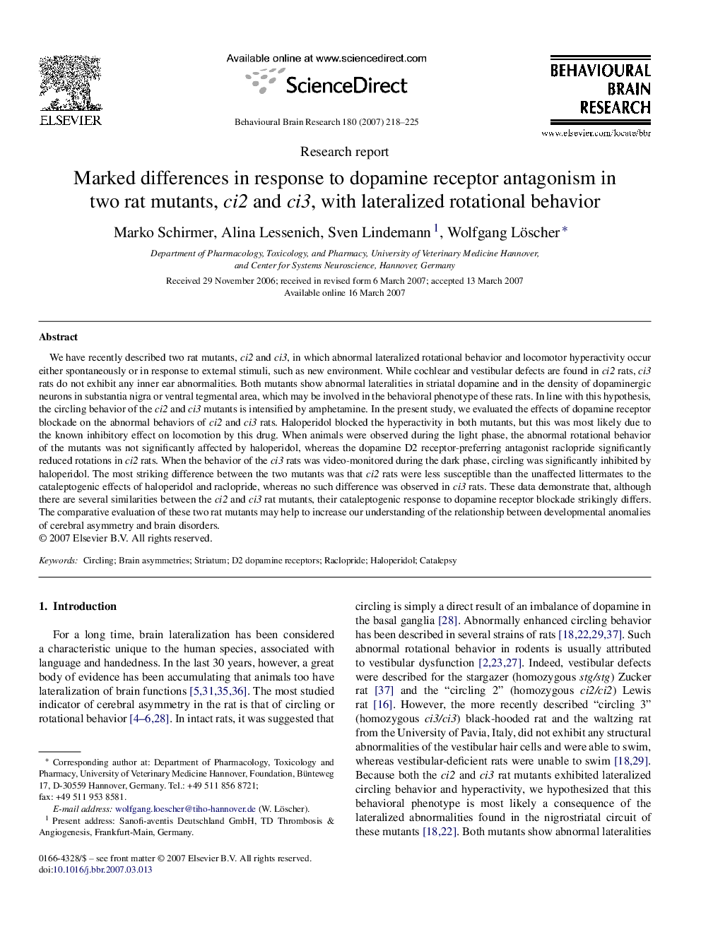 Marked differences in response to dopamine receptor antagonism in two rat mutants, ci2 and ci3, with lateralized rotational behavior