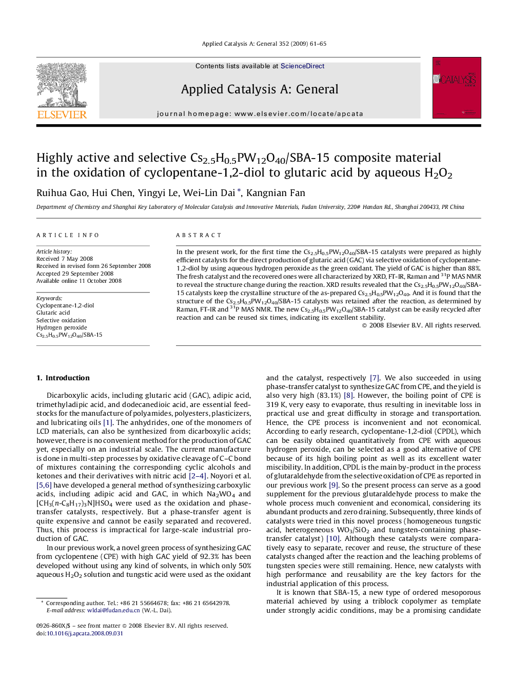 Highly active and selective Cs2.5H0.5PW12O40/SBA-15 composite material in the oxidation of cyclopentane-1,2-diol to glutaric acid by aqueous H2O2