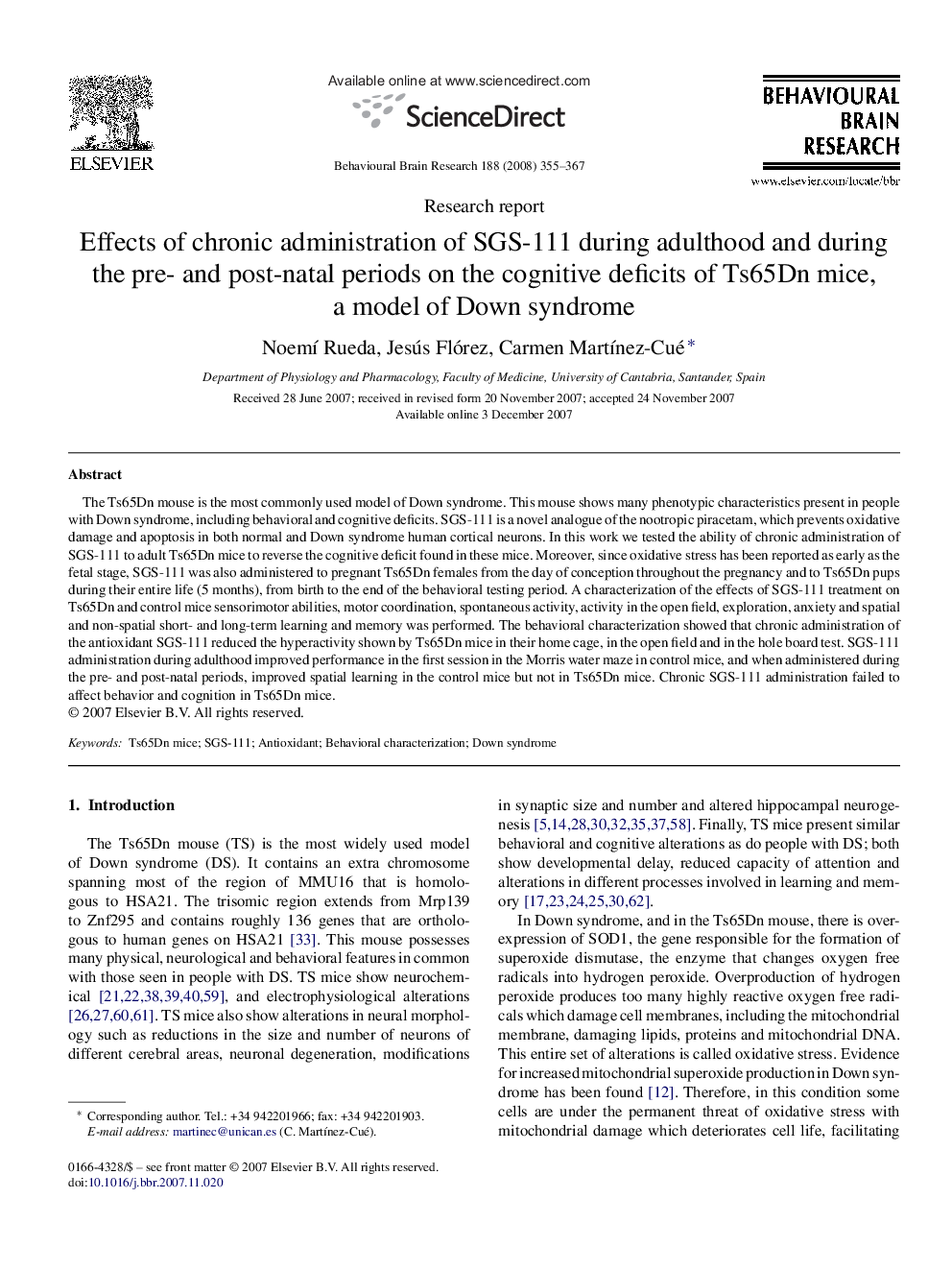 Effects of chronic administration of SGS-111 during adulthood and during the pre- and post-natal periods on the cognitive deficits of Ts65Dn mice, a model of Down syndrome