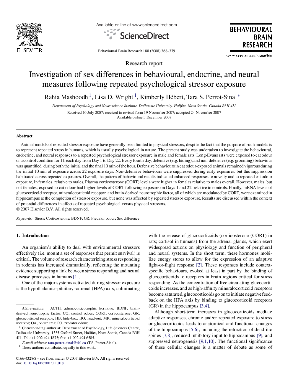 Investigation of sex differences in behavioural, endocrine, and neural measures following repeated psychological stressor exposure