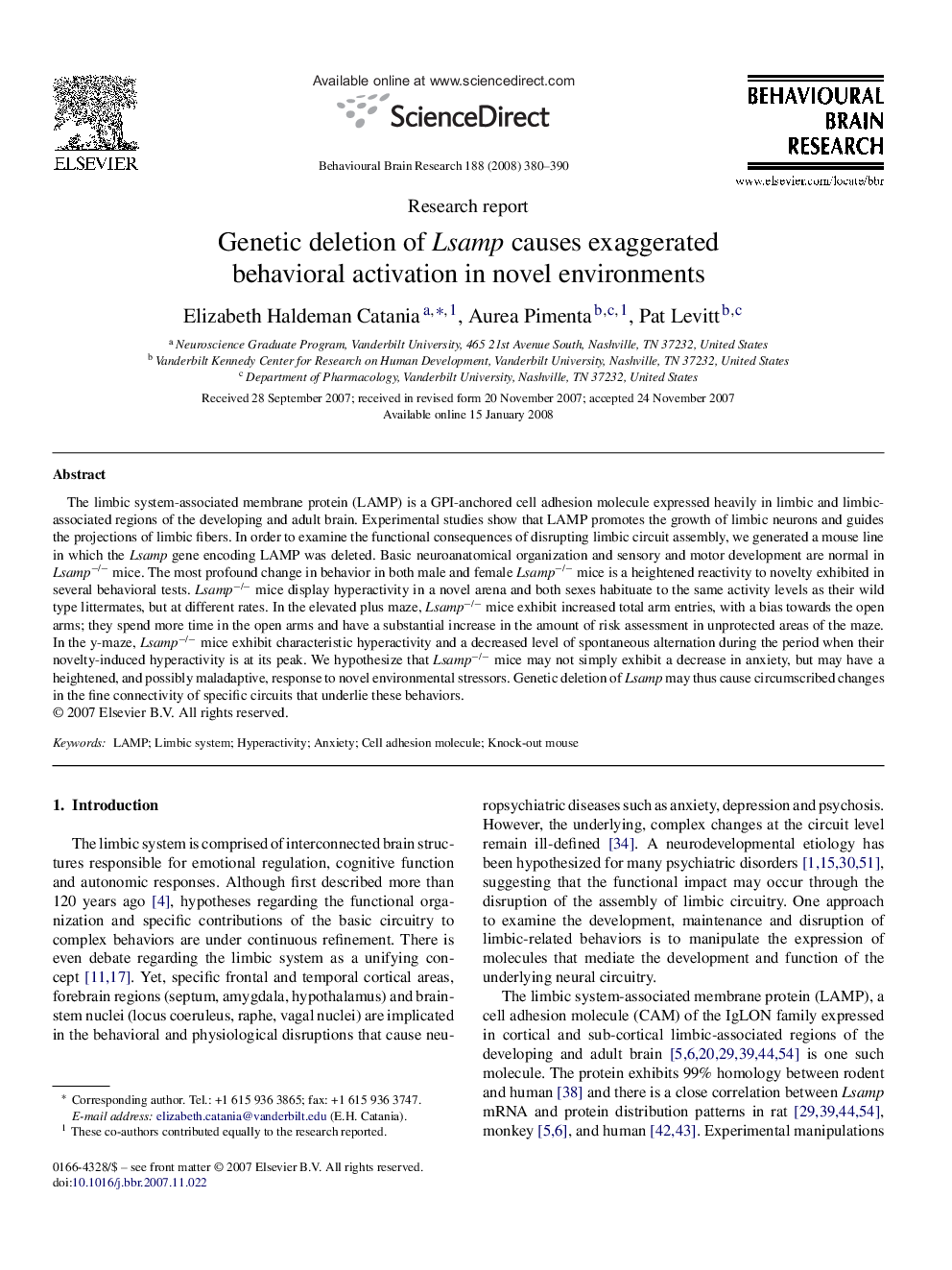 Genetic deletion of Lsamp causes exaggerated behavioral activation in novel environments