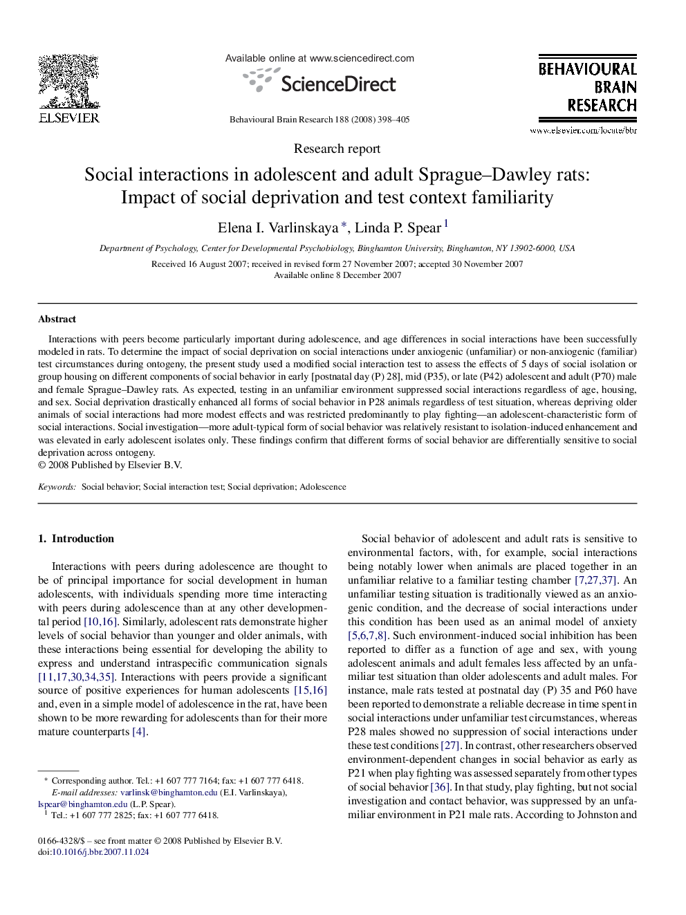 Social interactions in adolescent and adult Sprague–Dawley rats: Impact of social deprivation and test context familiarity