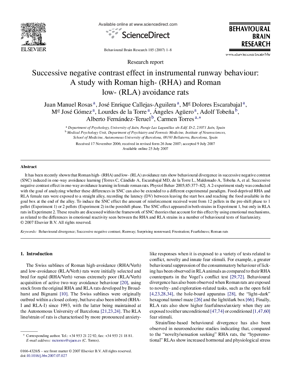 Successive negative contrast effect in instrumental runway behaviour: A study with Roman high- (RHA) and Roman low- (RLA) avoidance rats