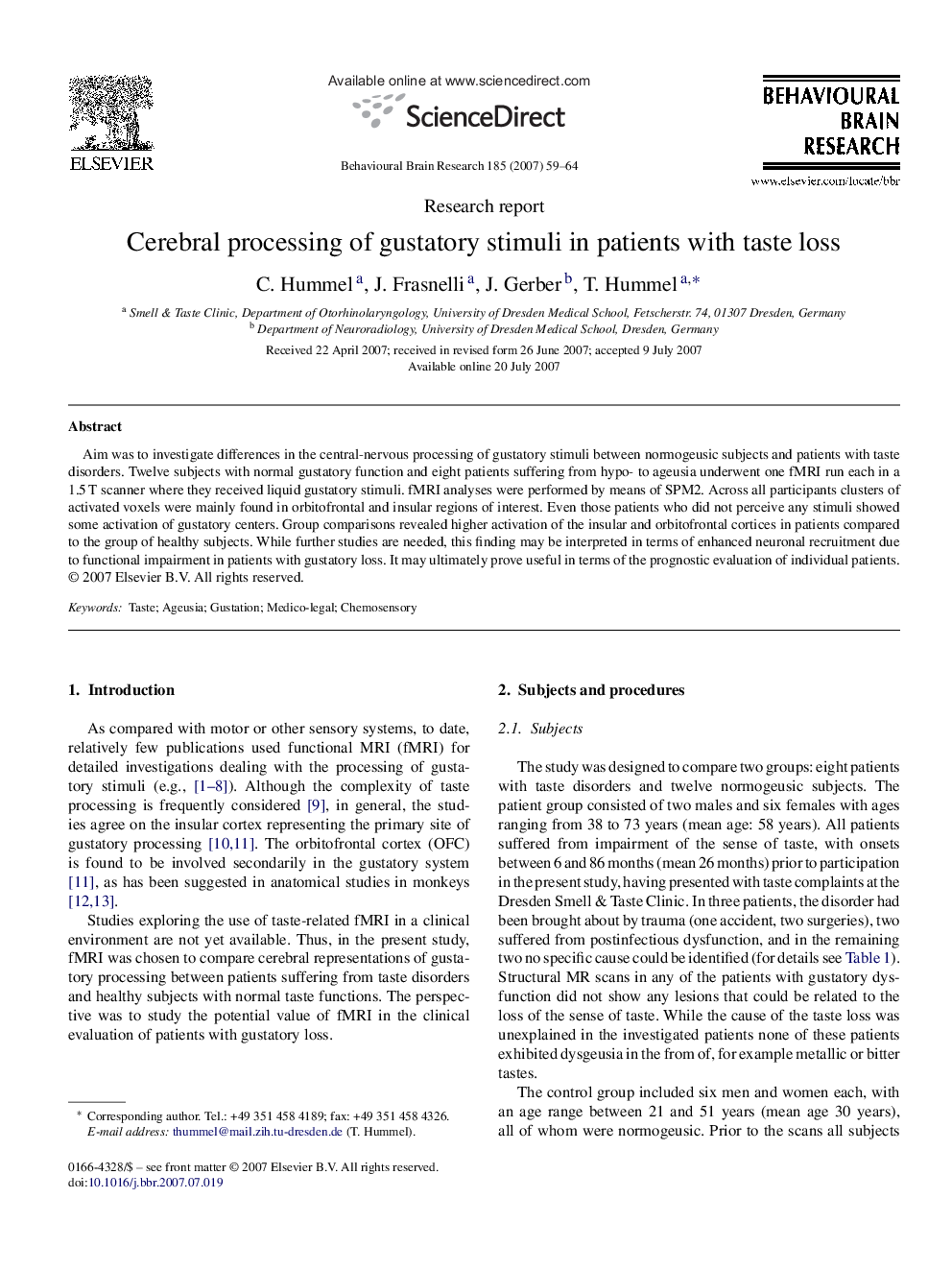 Cerebral processing of gustatory stimuli in patients with taste loss