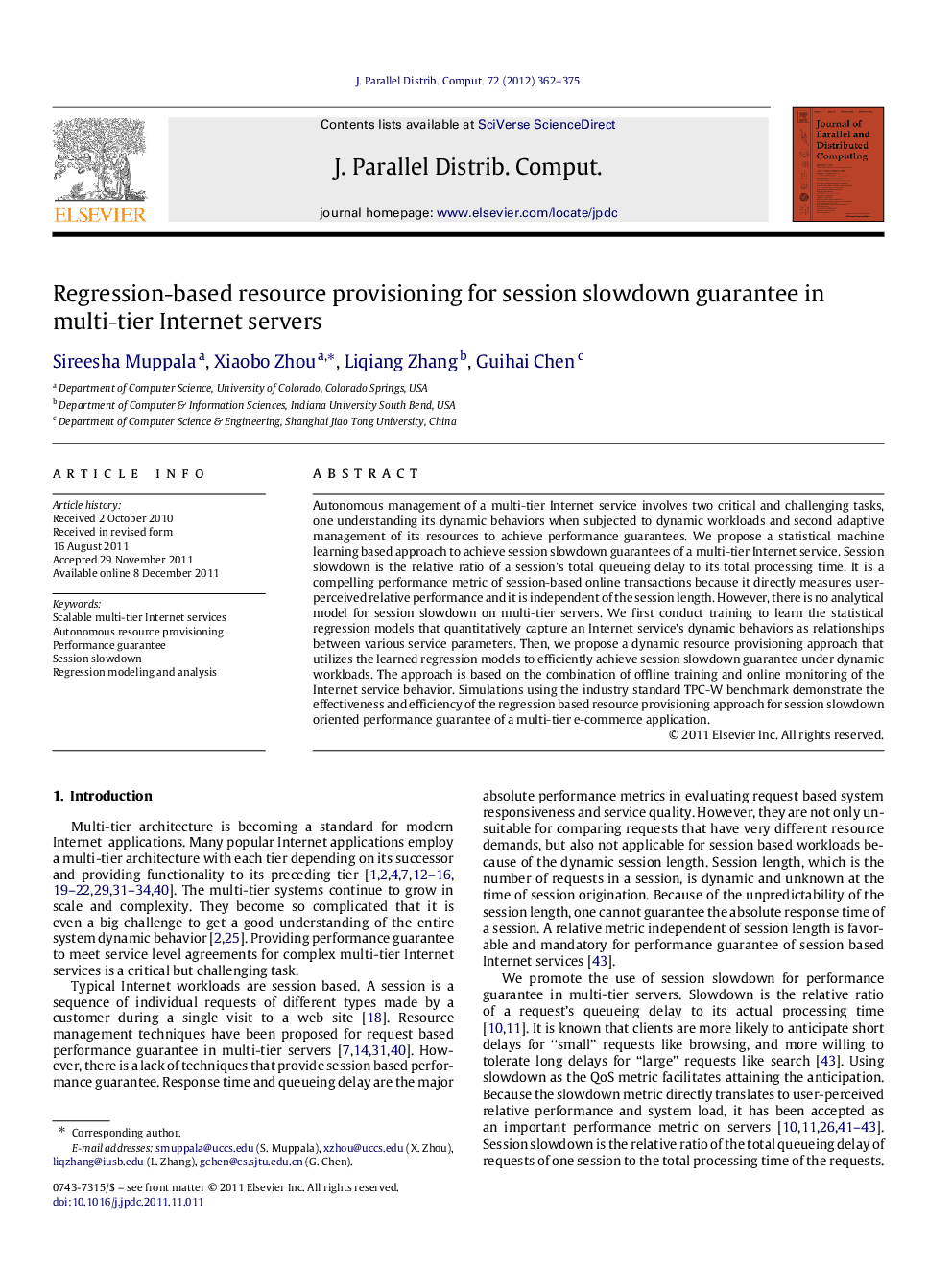 Regression-based resource provisioning for session slowdown guarantee in multi-tier Internet servers