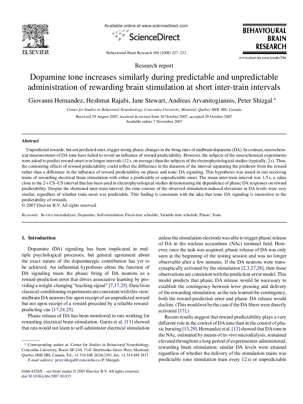 Dopamine tone increases similarly during predictable and unpredictable administration of rewarding brain stimulation at short inter-train intervals