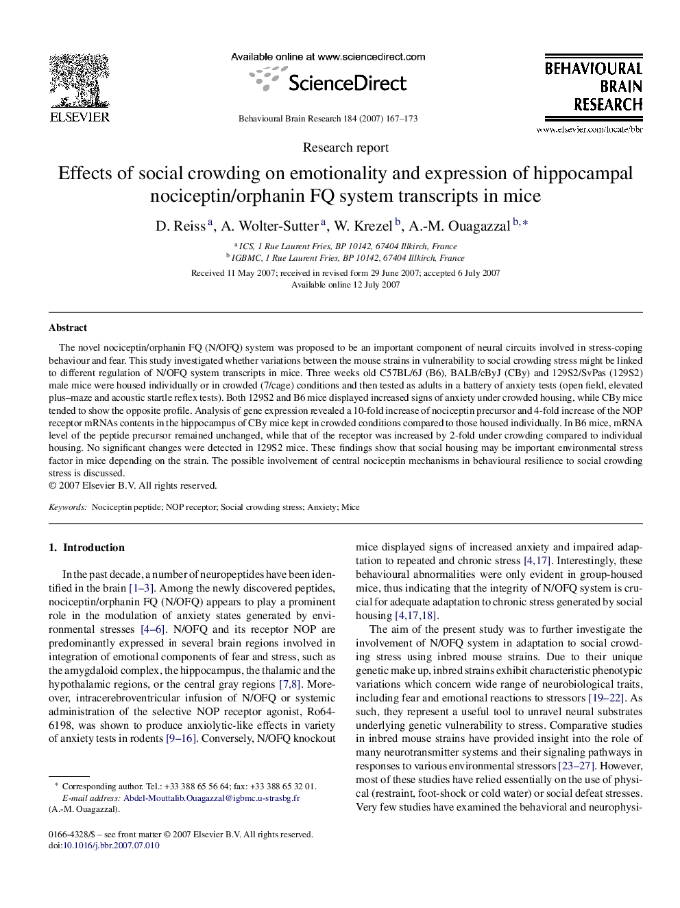 Effects of social crowding on emotionality and expression of hippocampal nociceptin/orphanin FQ system transcripts in mice