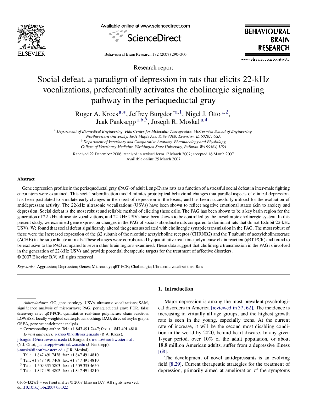 Social defeat, a paradigm of depression in rats that elicits 22-kHz vocalizations, preferentially activates the cholinergic signaling pathway in the periaqueductal gray