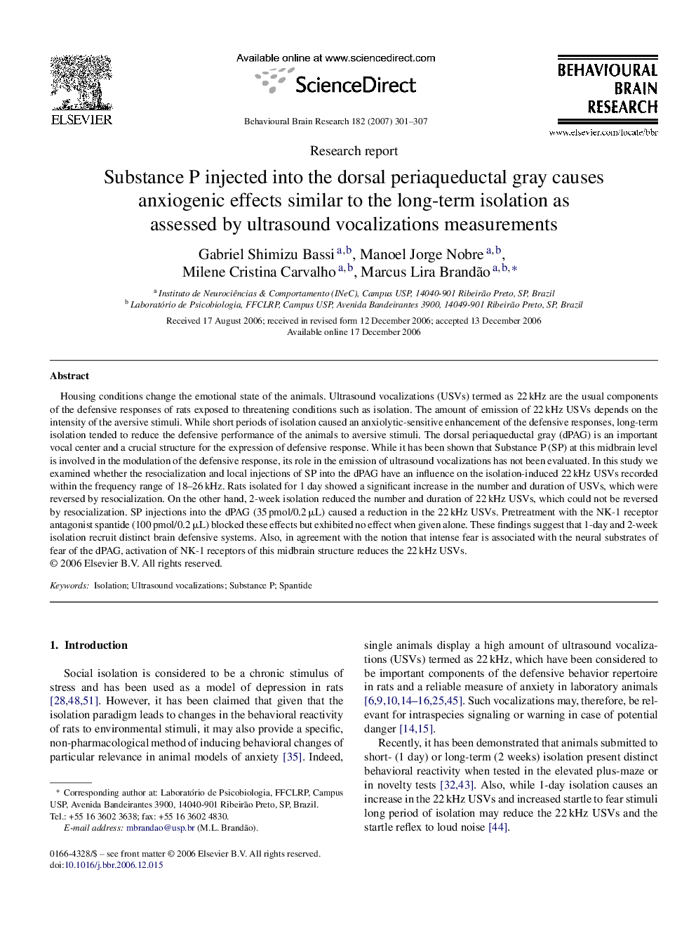 Substance P injected into the dorsal periaqueductal gray causes anxiogenic effects similar to the long-term isolation as assessed by ultrasound vocalizations measurements