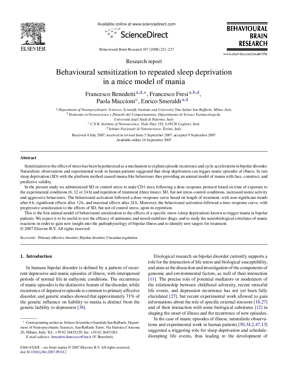 Behavioural sensitization to repeated sleep deprivation in a mice model of mania