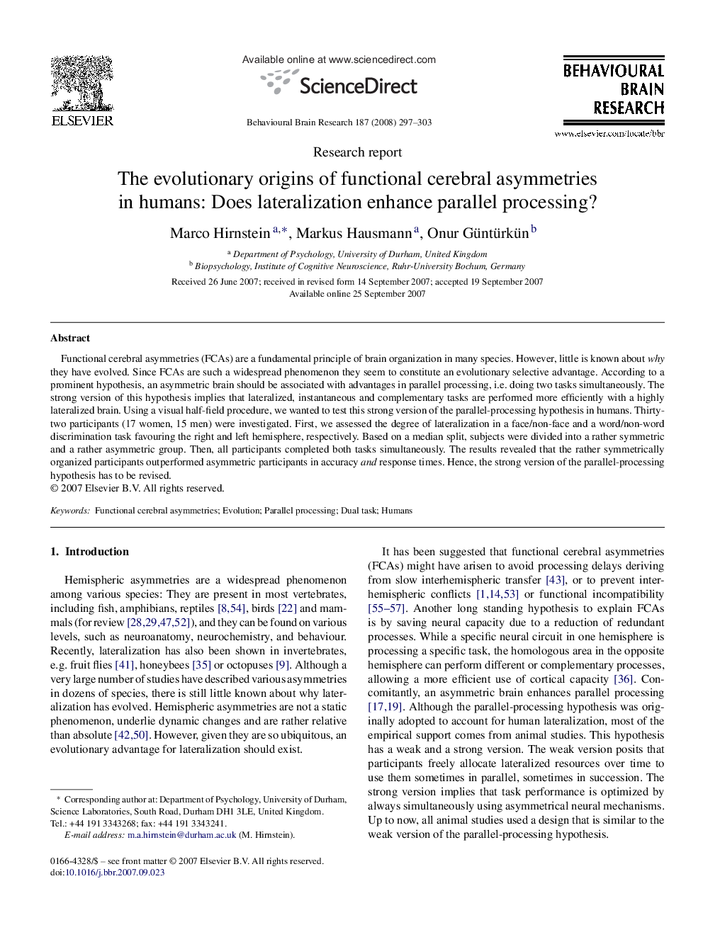 The evolutionary origins of functional cerebral asymmetries in humans: Does lateralization enhance parallel processing?