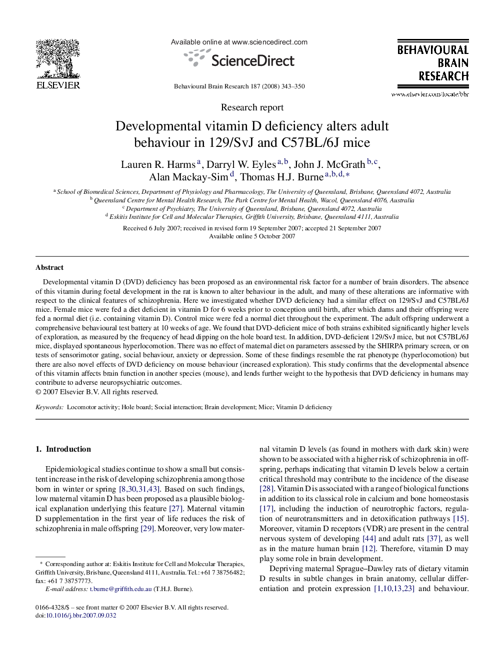 Developmental vitamin D deficiency alters adult behaviour in 129/SvJ and C57BL/6J mice