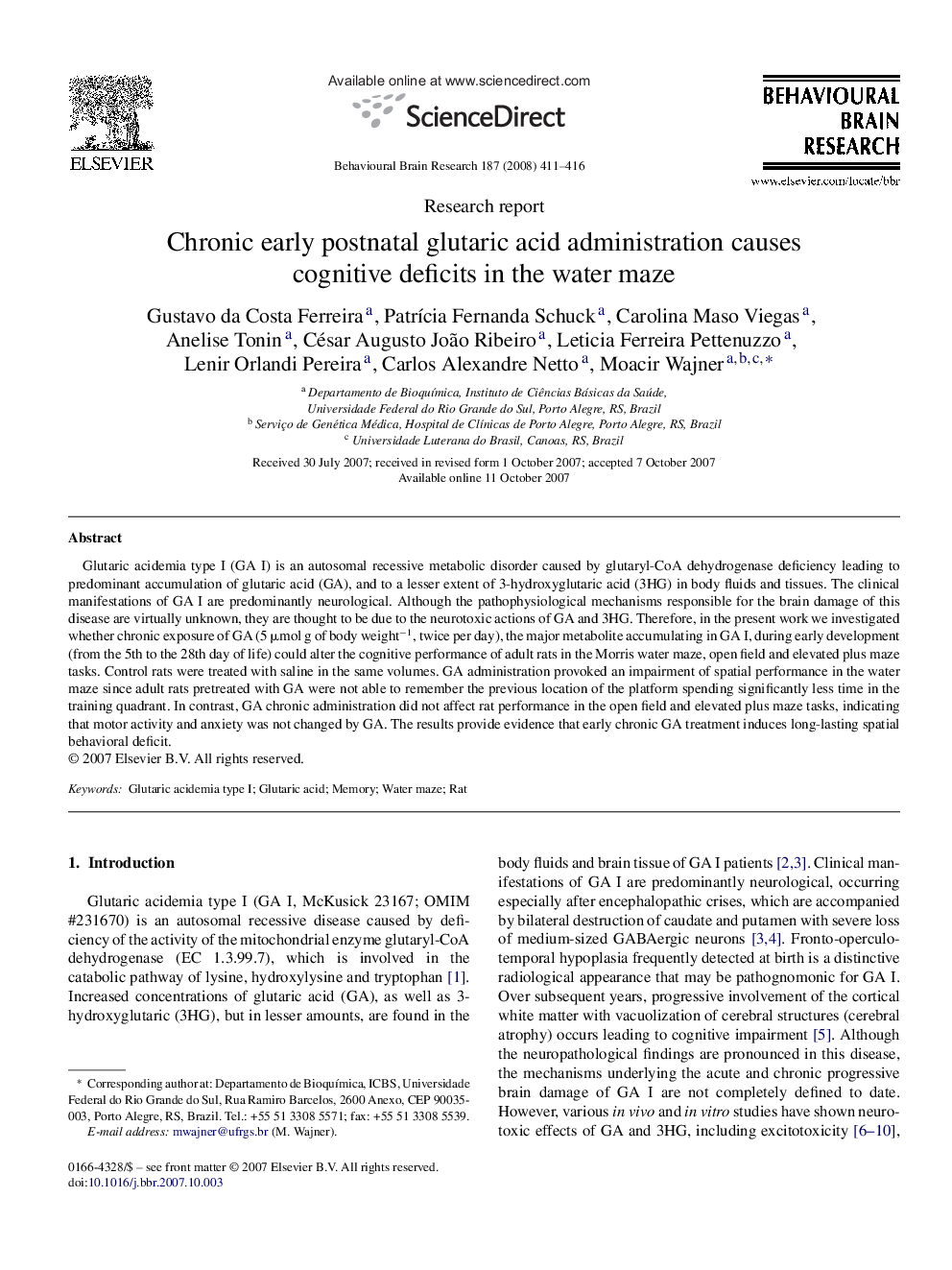 Chronic early postnatal glutaric acid administration causes cognitive deficits in the water maze