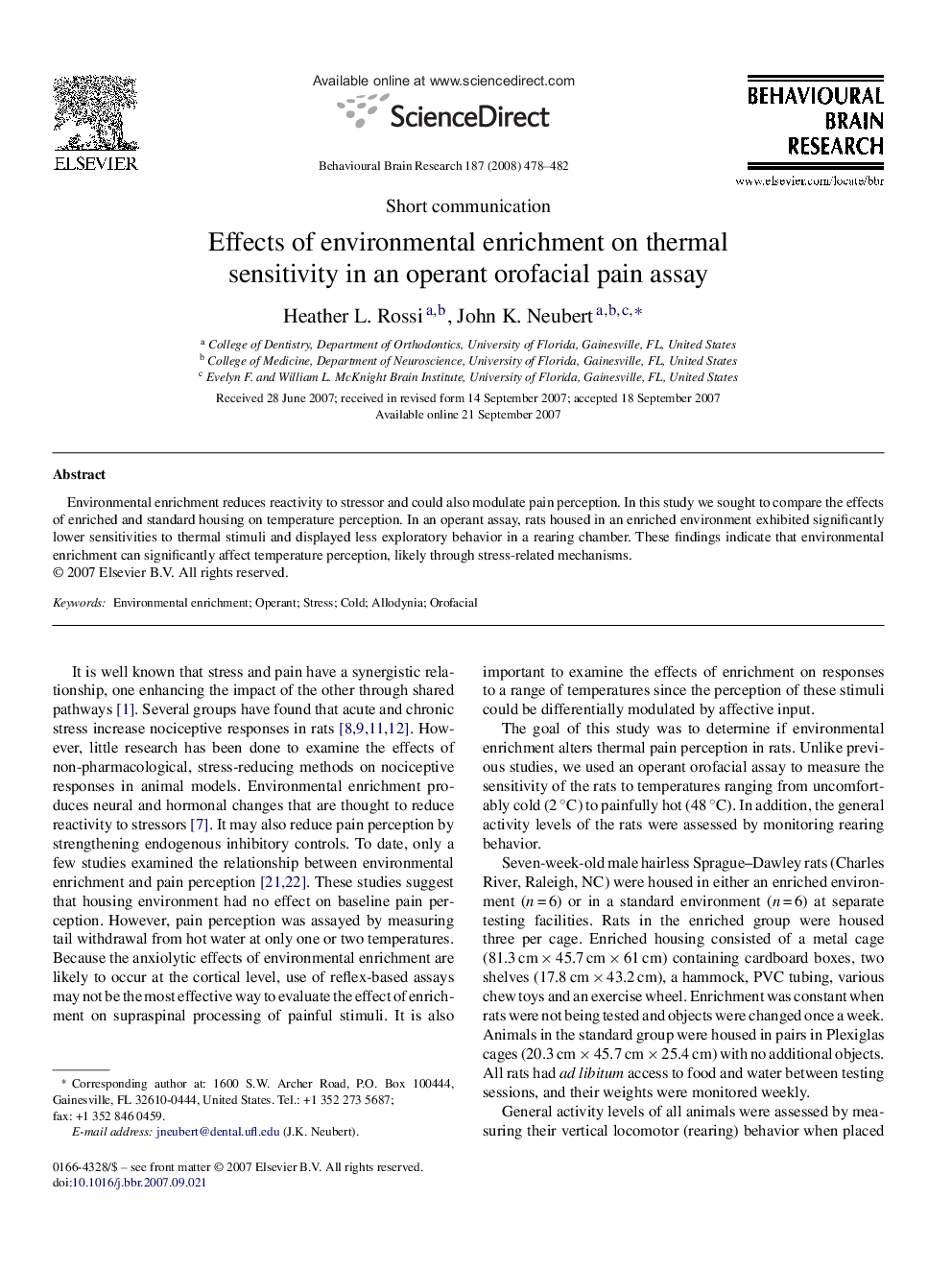 Effects of environmental enrichment on thermal sensitivity in an operant orofacial pain assay