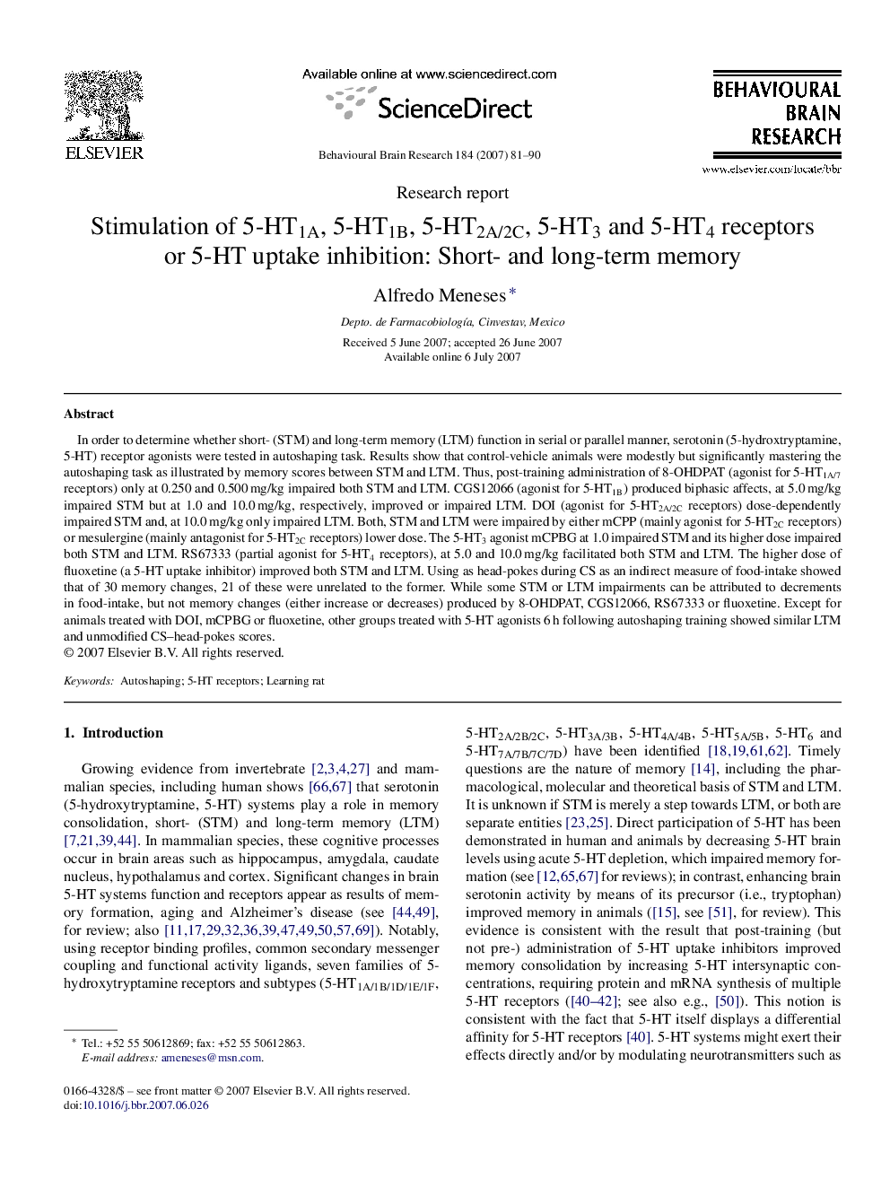 Stimulation of 5-HT1A, 5-HT1B, 5-HT2A/2C, 5-HT3 and 5-HT4 receptors or 5-HT uptake inhibition: Short- and long-term memory