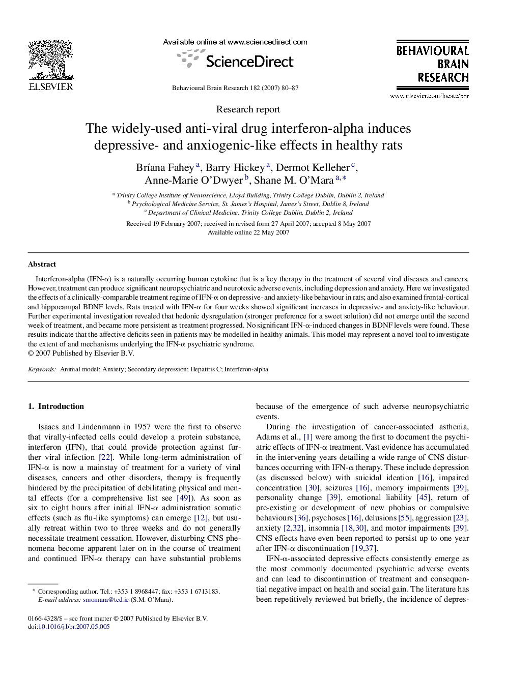 The widely-used anti-viral drug interferon-alpha induces depressive- and anxiogenic-like effects in healthy rats