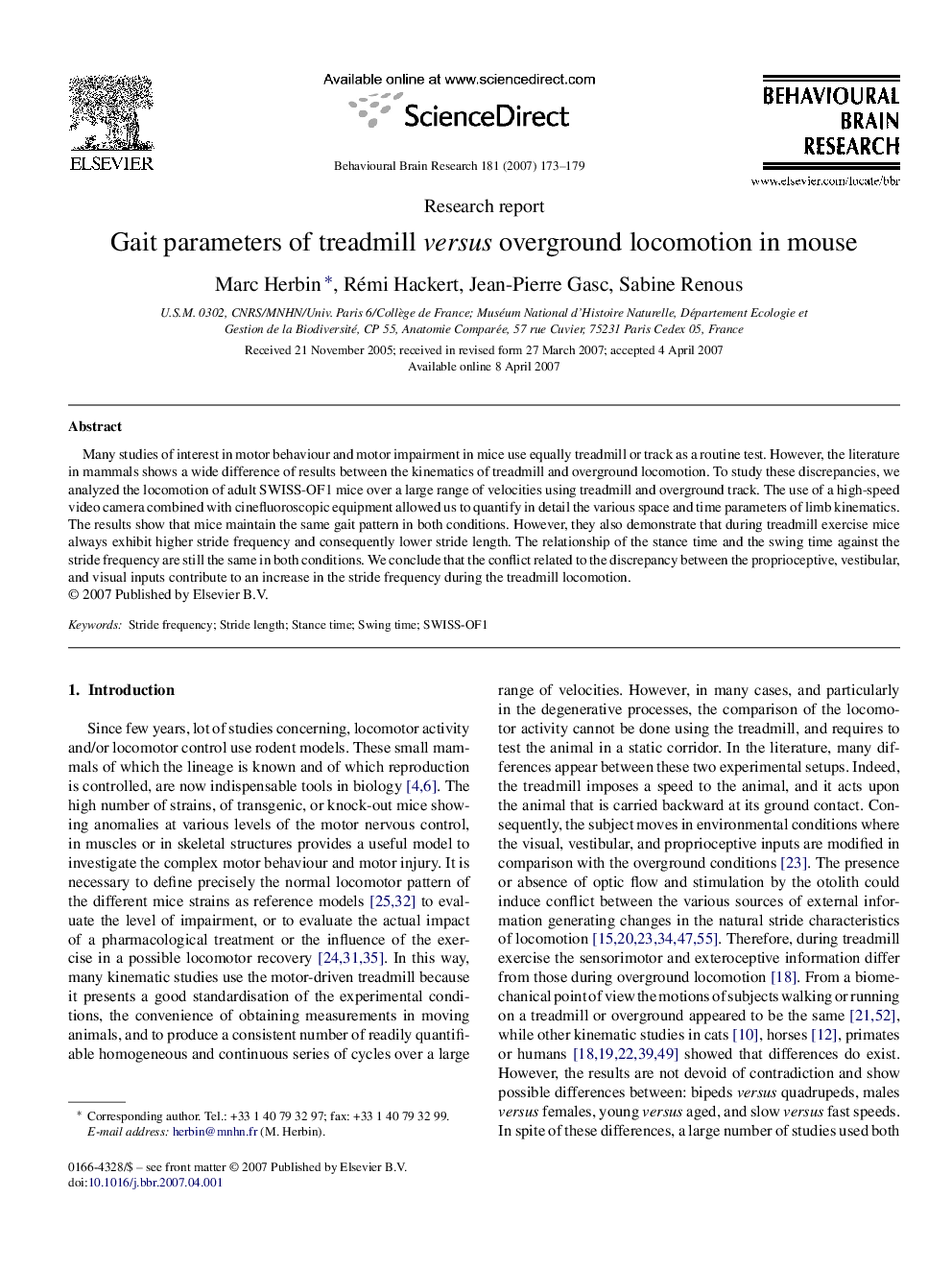 Gait parameters of treadmill versus overground locomotion in mouse