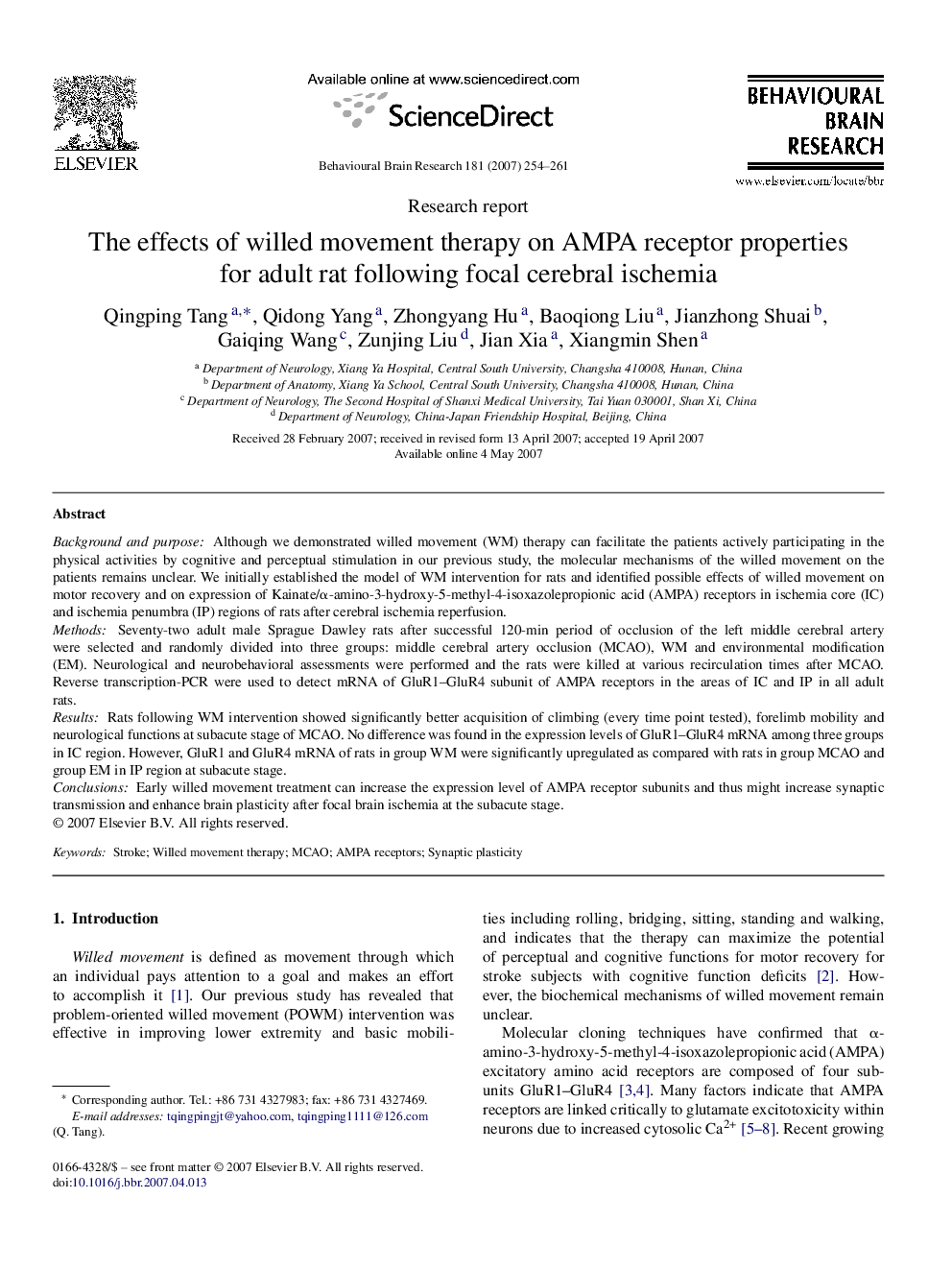 The effects of willed movement therapy on AMPA receptor properties for adult rat following focal cerebral ischemia