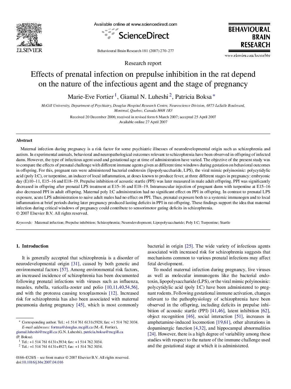 Effects of prenatal infection on prepulse inhibition in the rat depend on the nature of the infectious agent and the stage of pregnancy