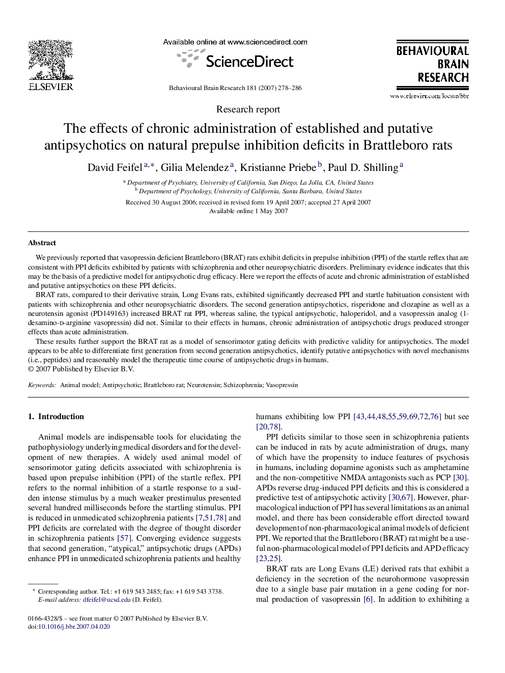 The effects of chronic administration of established and putative antipsychotics on natural prepulse inhibition deficits in Brattleboro rats