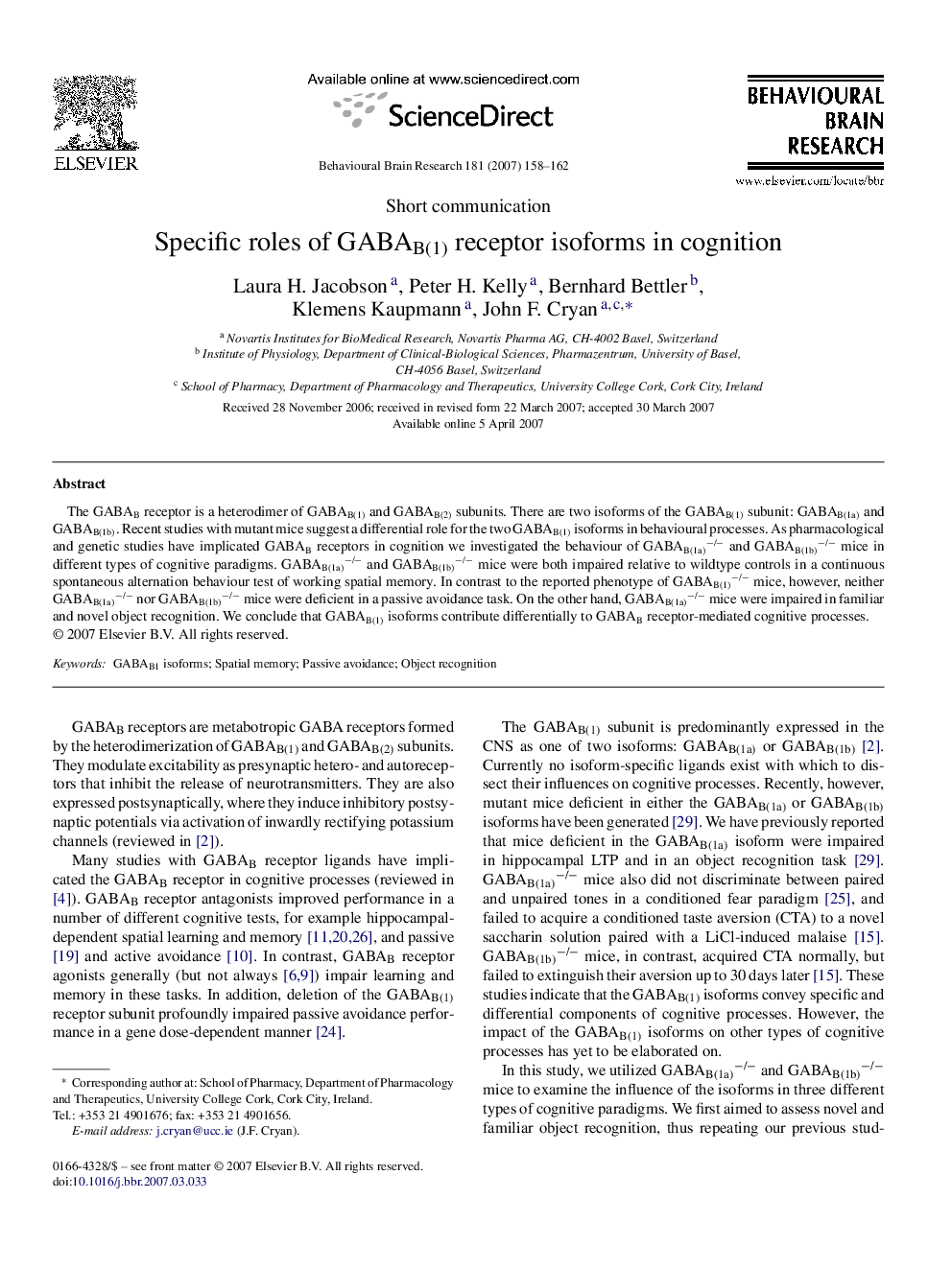 Specific roles of GABAB(1) receptor isoforms in cognition