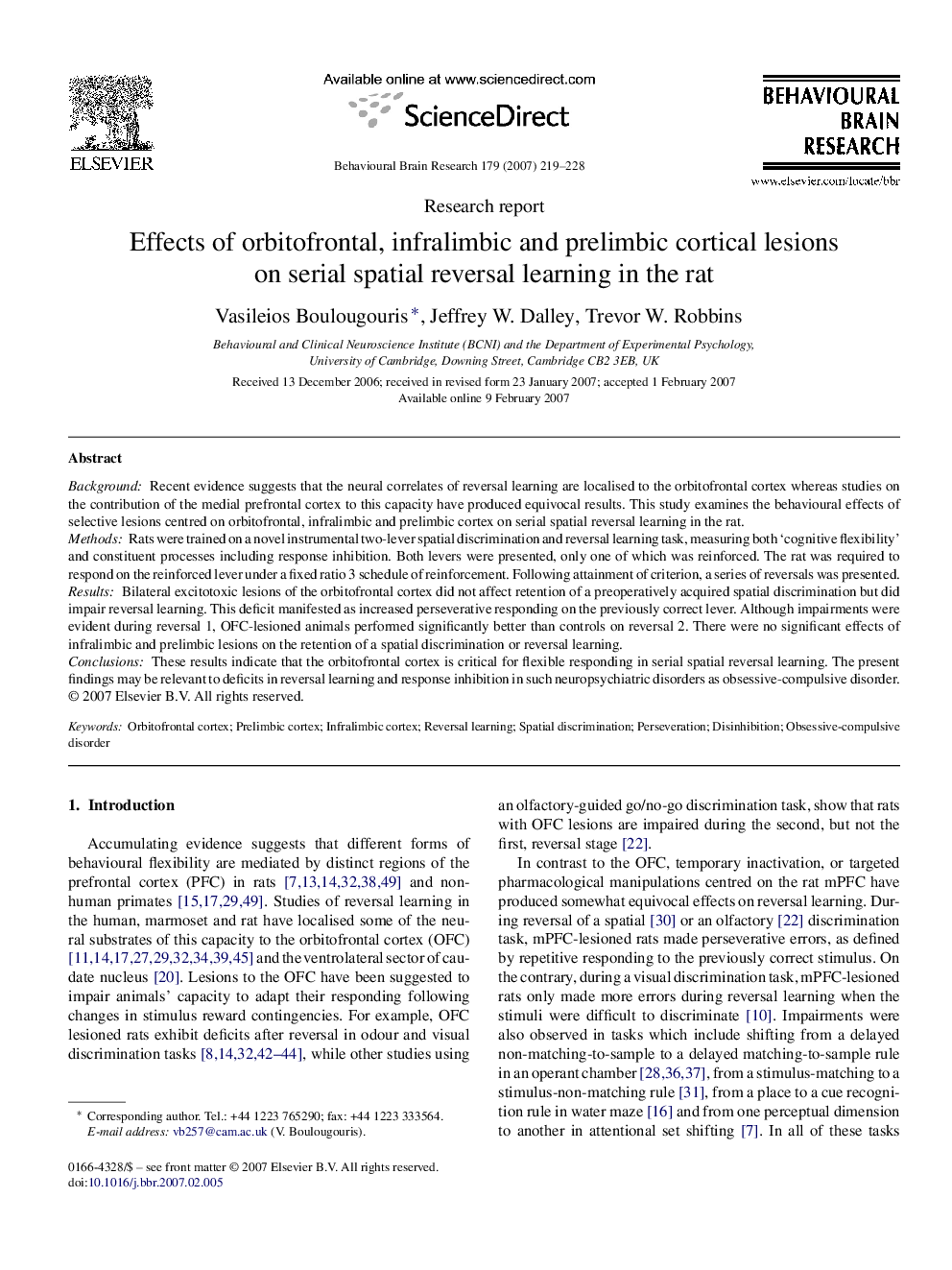 Effects of orbitofrontal, infralimbic and prelimbic cortical lesions on serial spatial reversal learning in the rat