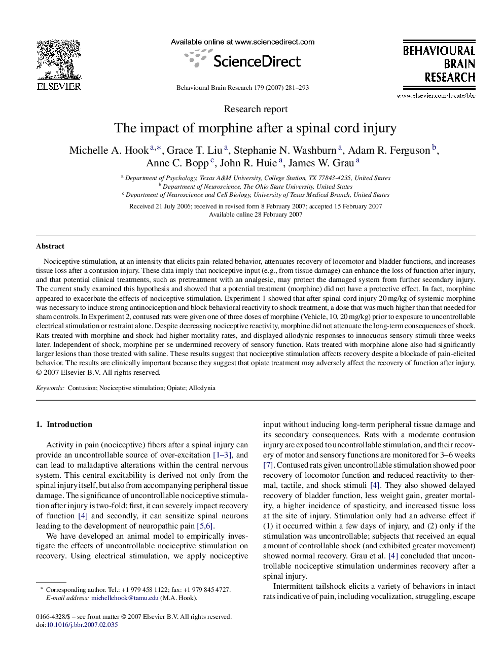 The impact of morphine after a spinal cord injury