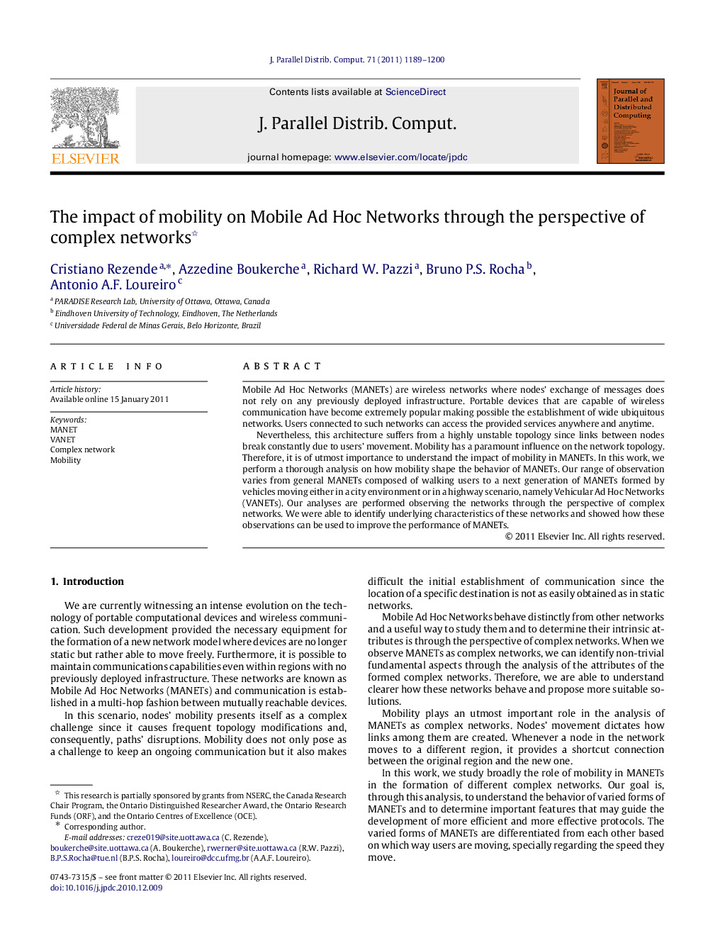 The impact of mobility on Mobile Ad Hoc Networks through the perspective of complex networks 