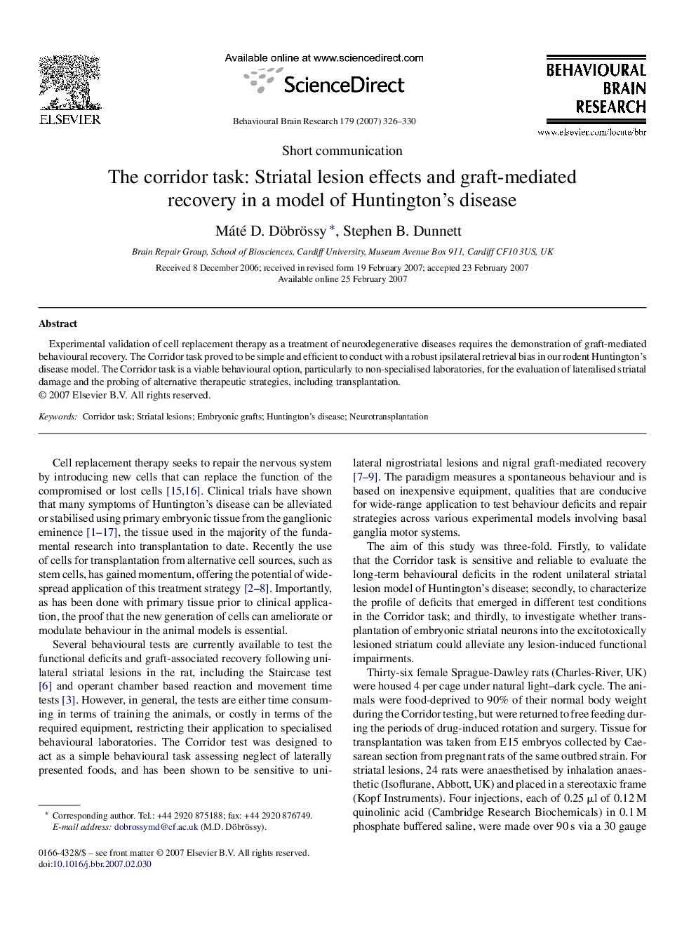 The corridor task: Striatal lesion effects and graft-mediated recovery in a model of Huntington's disease