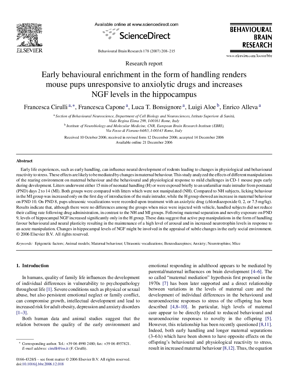 Early behavioural enrichment in the form of handling renders mouse pups unresponsive to anxiolytic drugs and increases NGF levels in the hippocampus