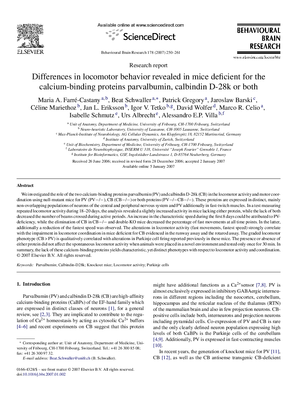 Differences in locomotor behavior revealed in mice deficient for the calcium-binding proteins parvalbumin, calbindin D-28k or both