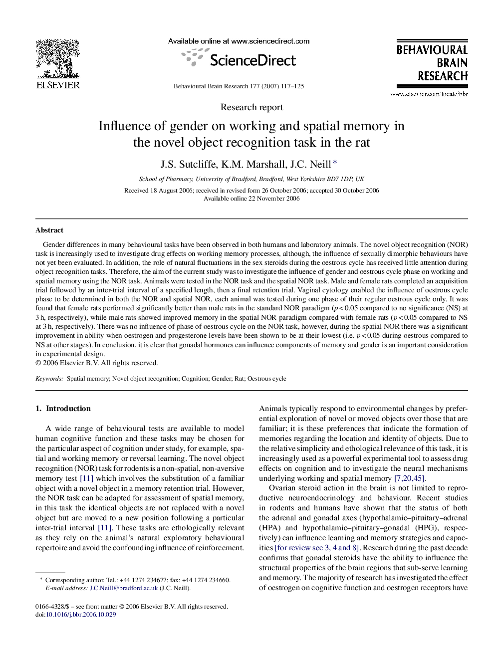 Influence of gender on working and spatial memory in the novel object recognition task in the rat