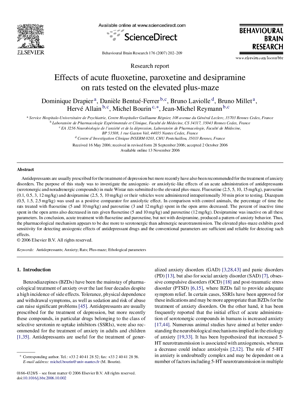 Effects of acute fluoxetine, paroxetine and desipramine on rats tested on the elevated plus-maze