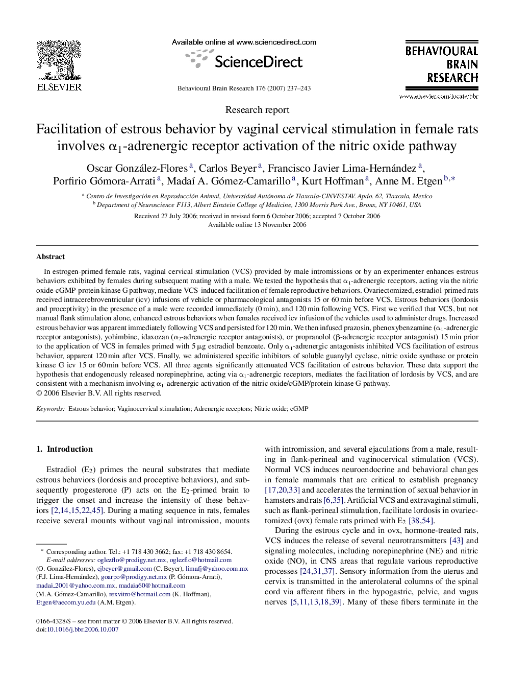 Facilitation of estrous behavior by vaginal cervical stimulation in female rats involves α1-adrenergic receptor activation of the nitric oxide pathway