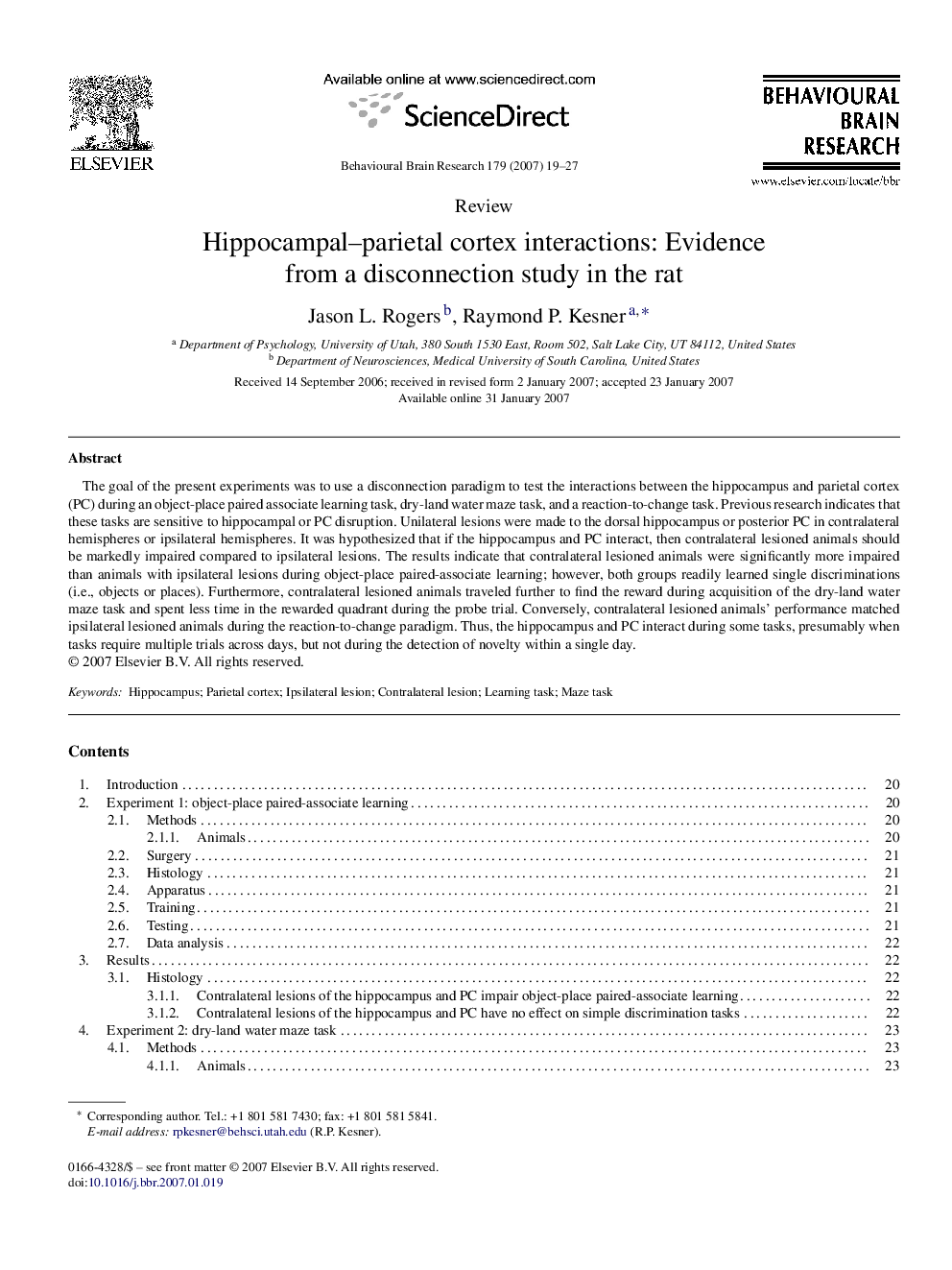 Hippocampal–parietal cortex interactions: Evidence from a disconnection study in the rat