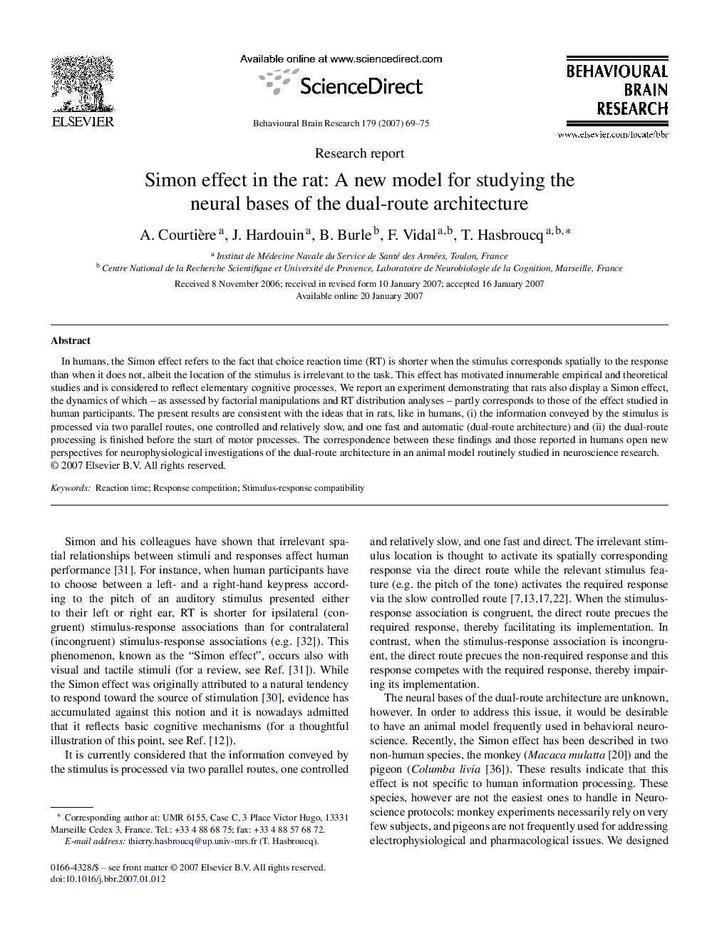 Simon effect in the rat: A new model for studying the neural bases of the dual-route architecture