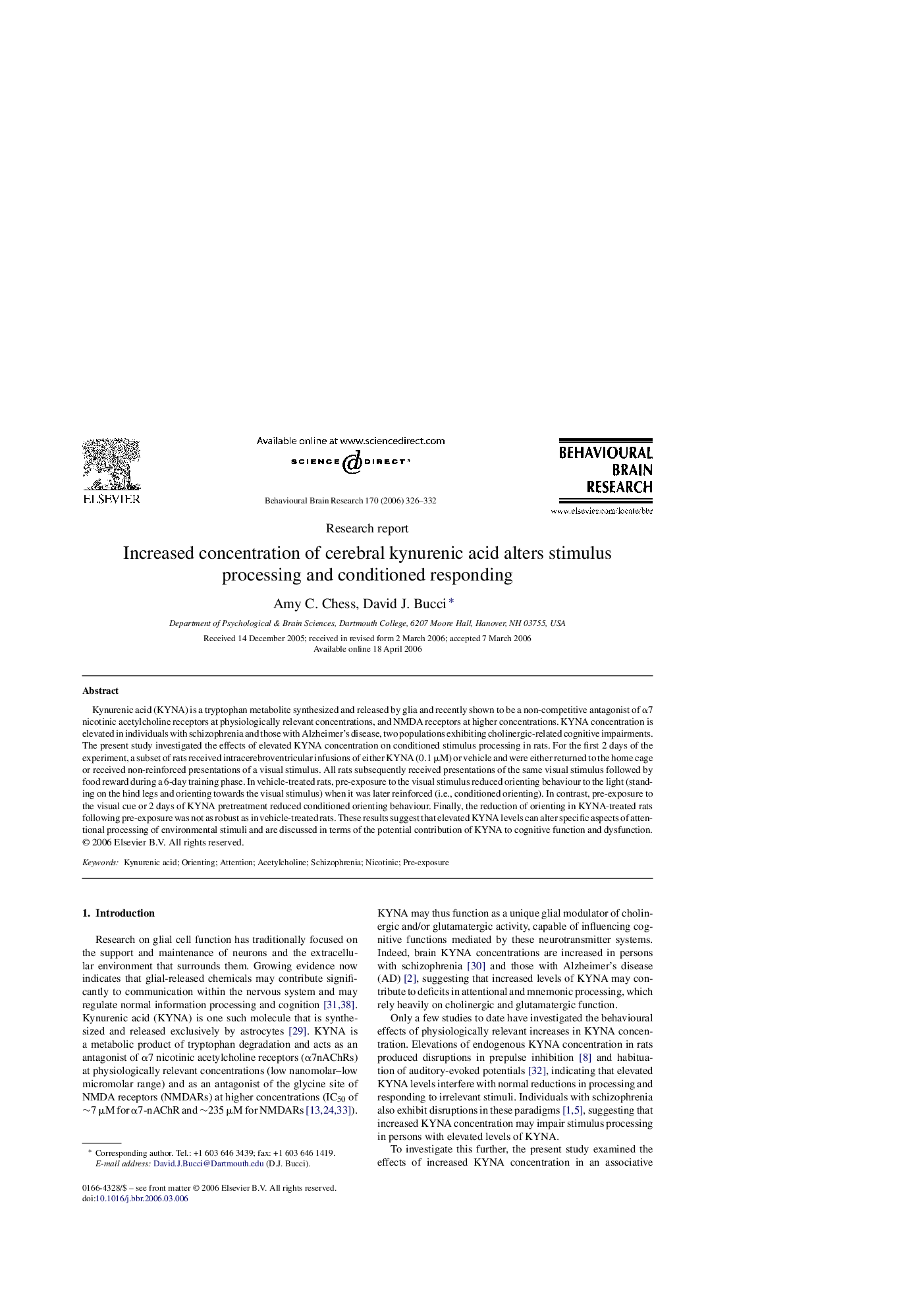 عکس صفحه اول مقاله: Increased concentration of cerebral kynurenic acid alters stimulus processing and conditioned responding Increased concentration of cerebral kynurenic acid alters stimulus processing and conditioned responding
